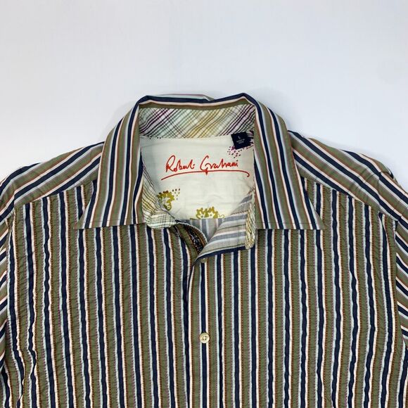 Robert Graham Crinkled Front Shirt Mens L Large Ivy Multicolor Stripe Button Up - Picture 3 of 12